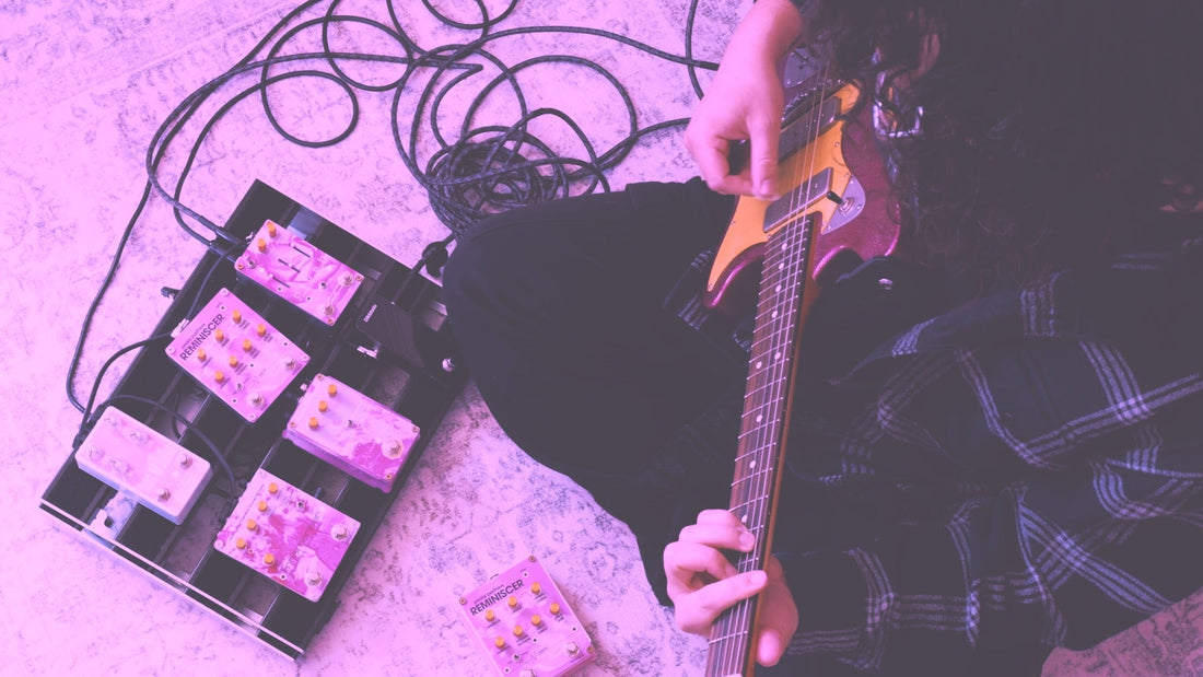 Luca of Shoegaze band Violet Oscillation playing guitar with shoegaze pedals